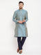 Vastramay Men's Aqua Blue Silk Blend Kurta and Navy Blue Pant Style Pyjama Set